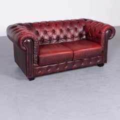 Chesterfield Leather Sofa Red Two-Seat Vintage Couch