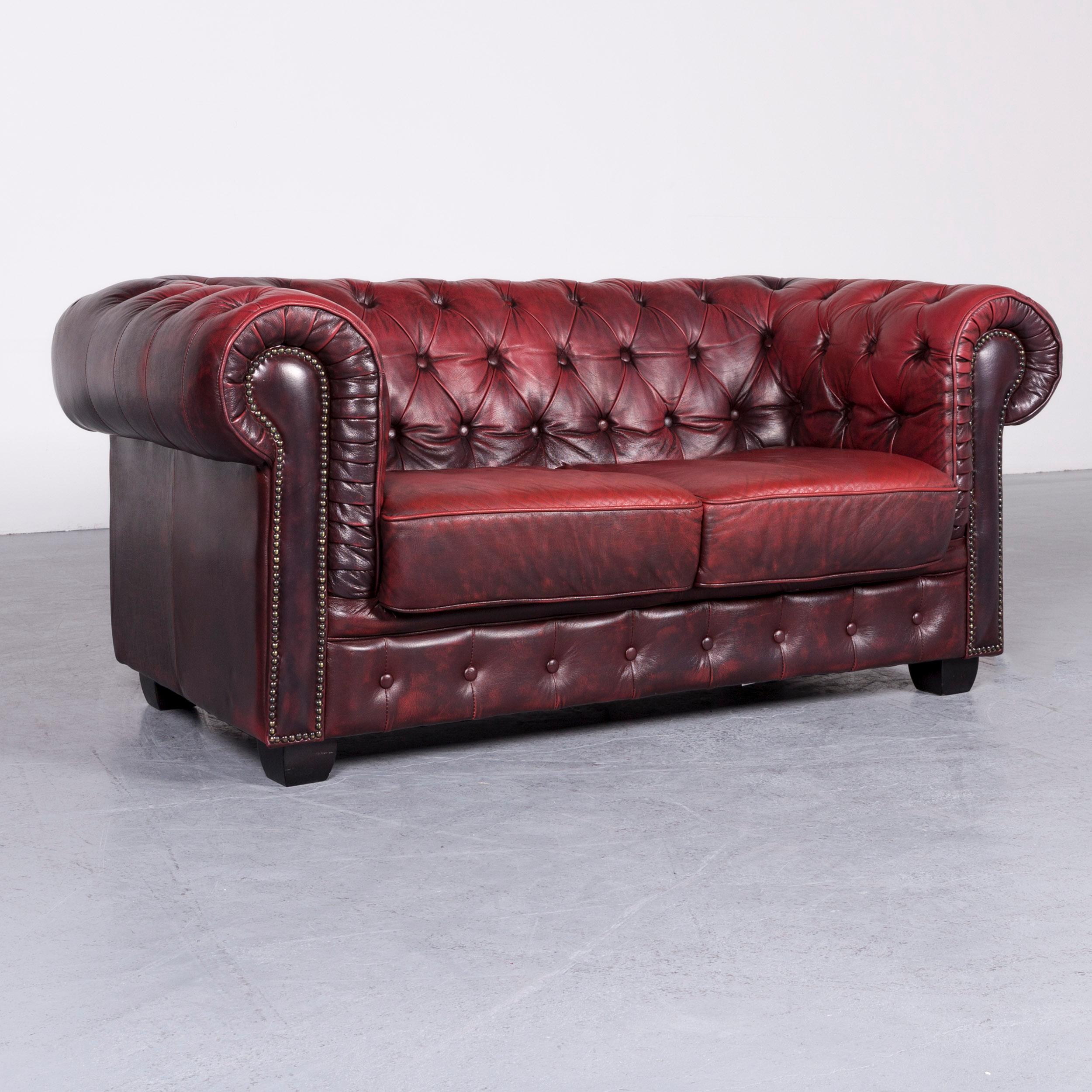 British Chesterfield Leather Sofa Red Two-Seat Vintage Couch