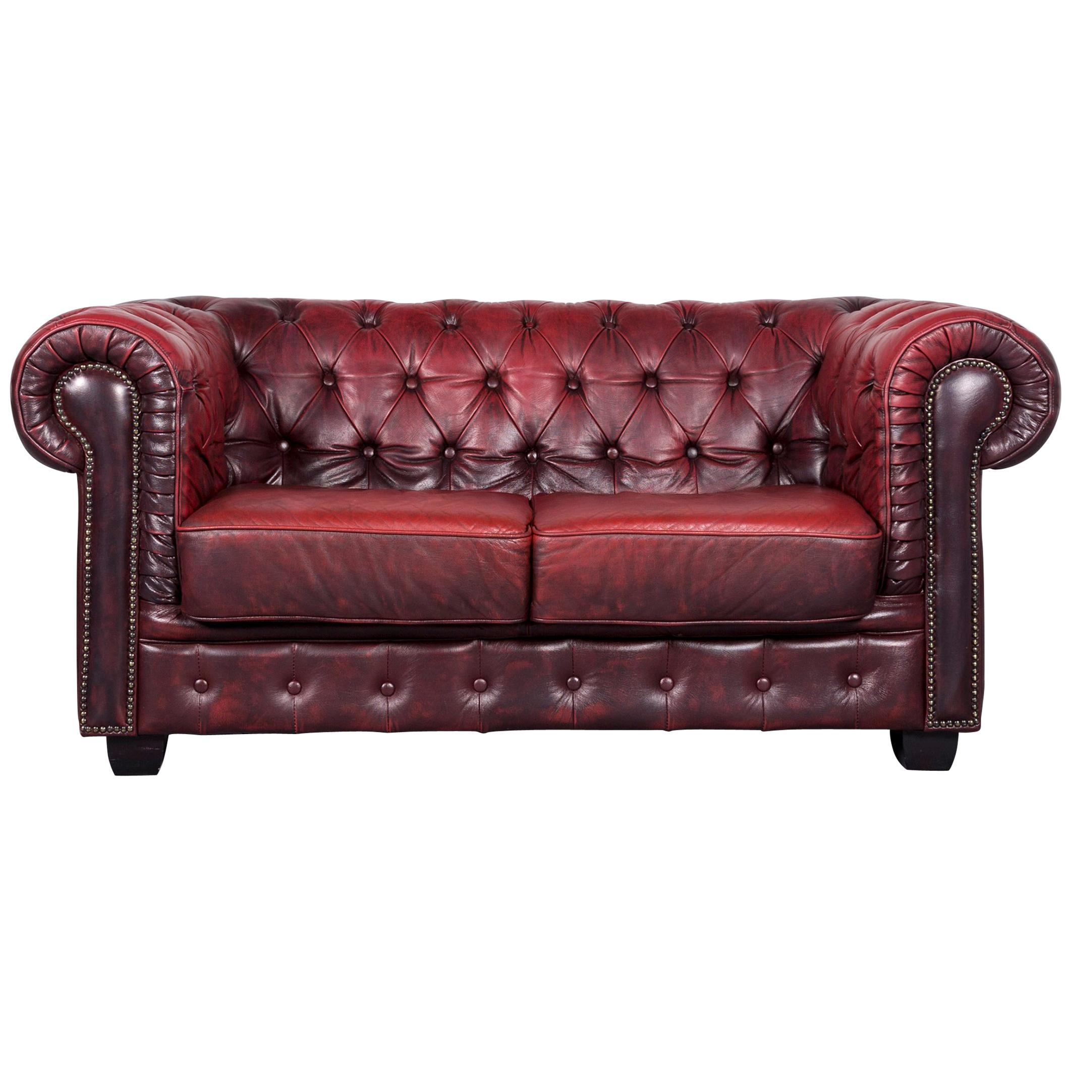 Chesterfield Leather Sofa Red Two-Seat Vintage Couch