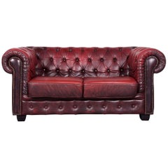 Chesterfield Leather Sofa Red Two-Seat Vintage Couch