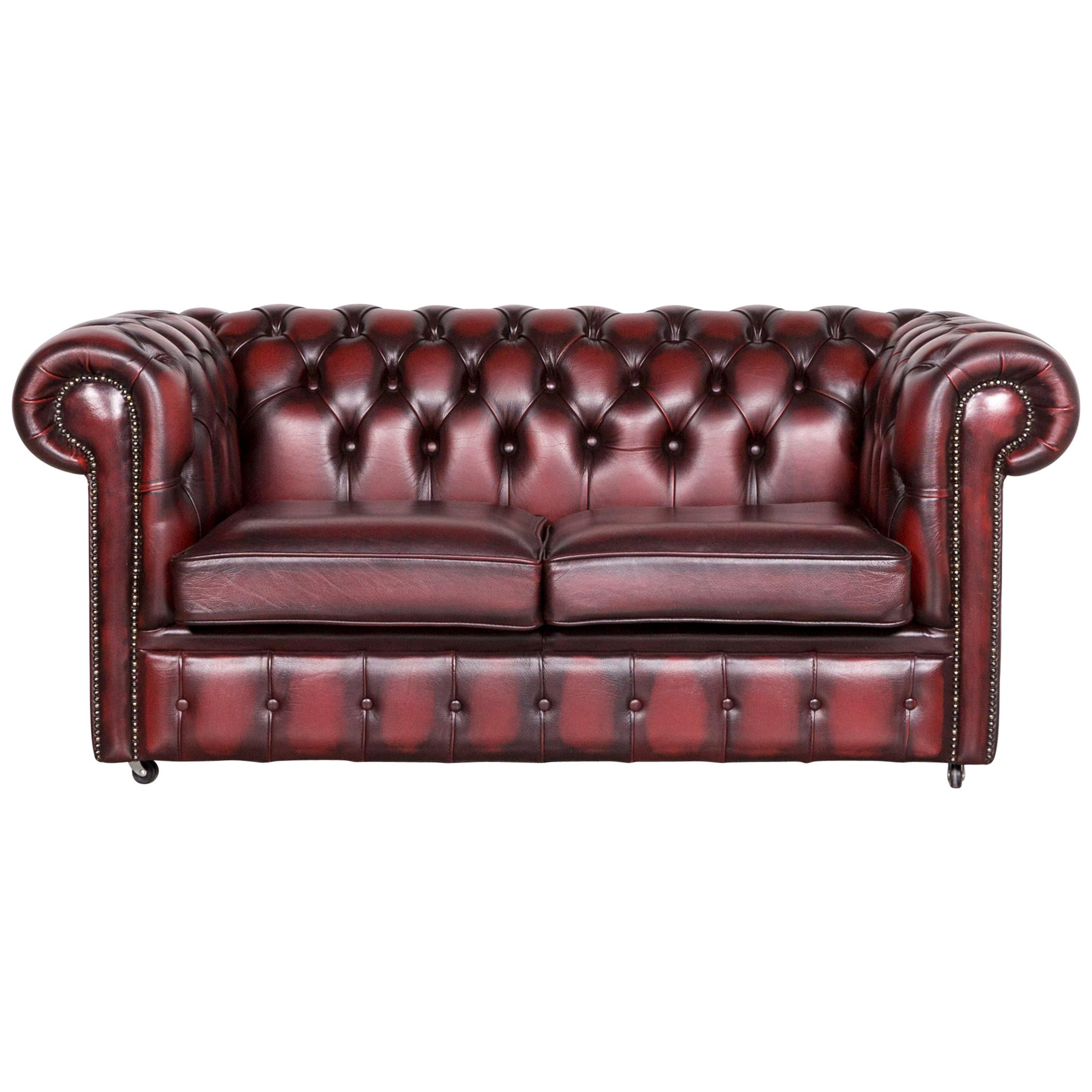 Chesterfield Leather Sofa Red Two-Seat Vintage Couch