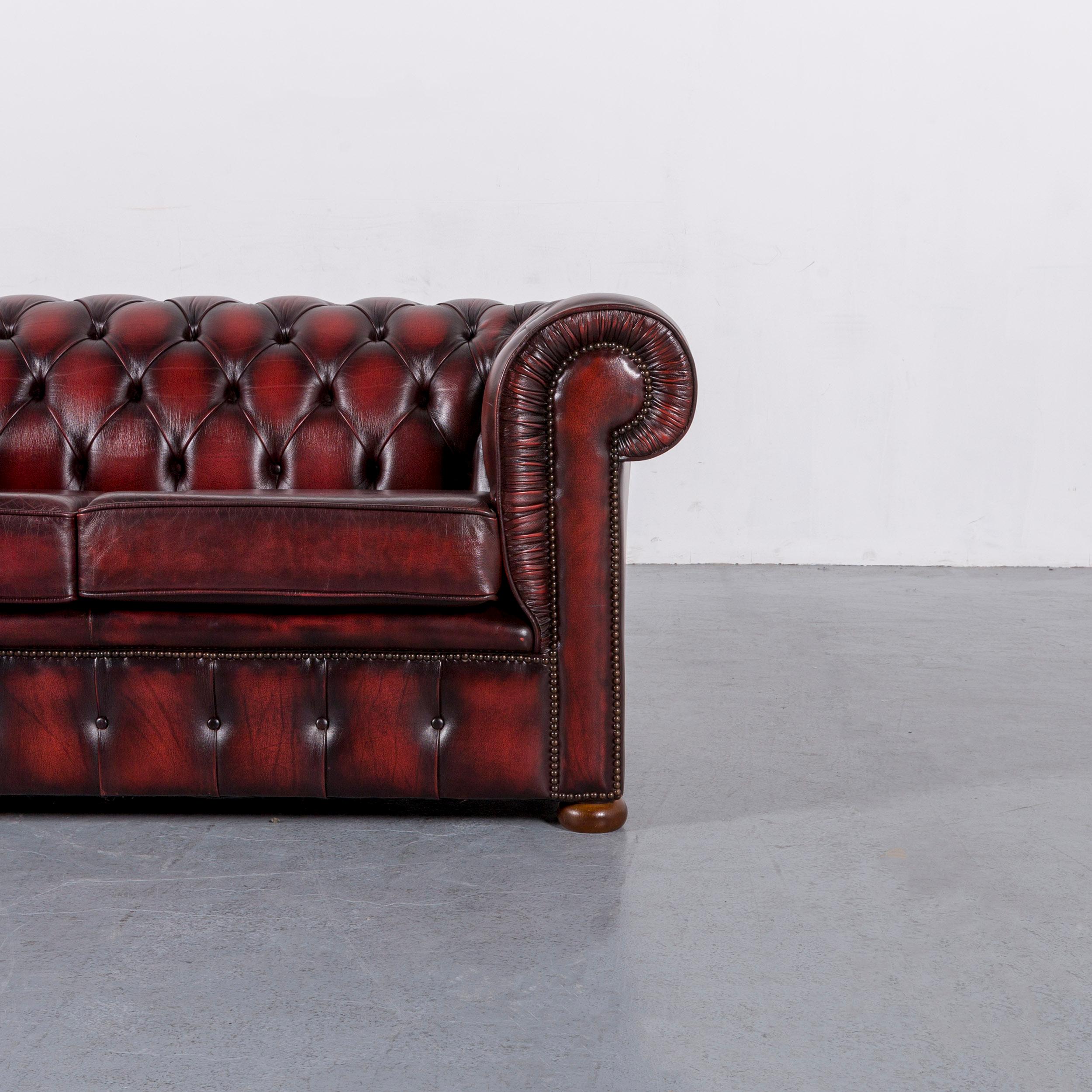 British Chesterfield Leather Sofa Red Two-Seat Vintage Retro