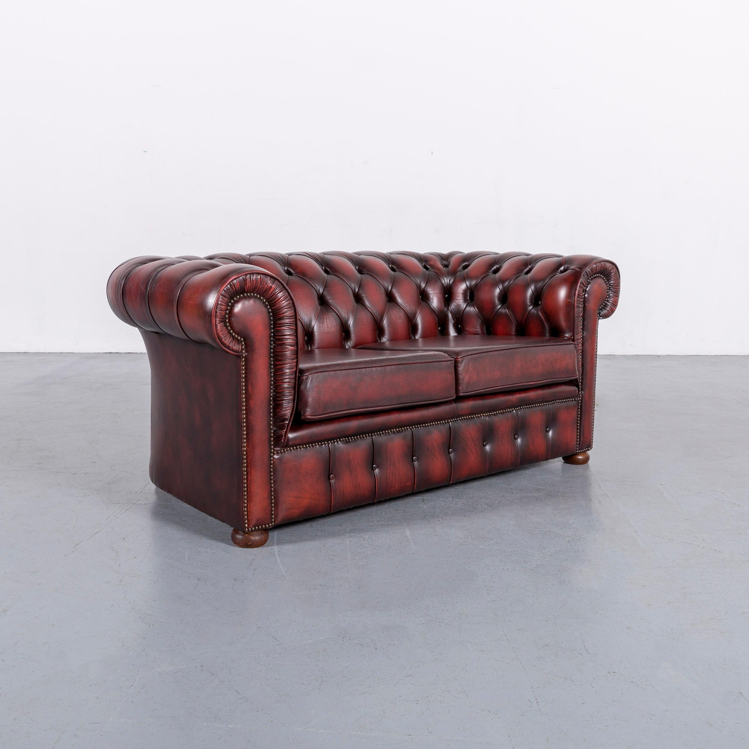 Chesterfield Leather Sofa Red Two-Seat Vintage Retro 1