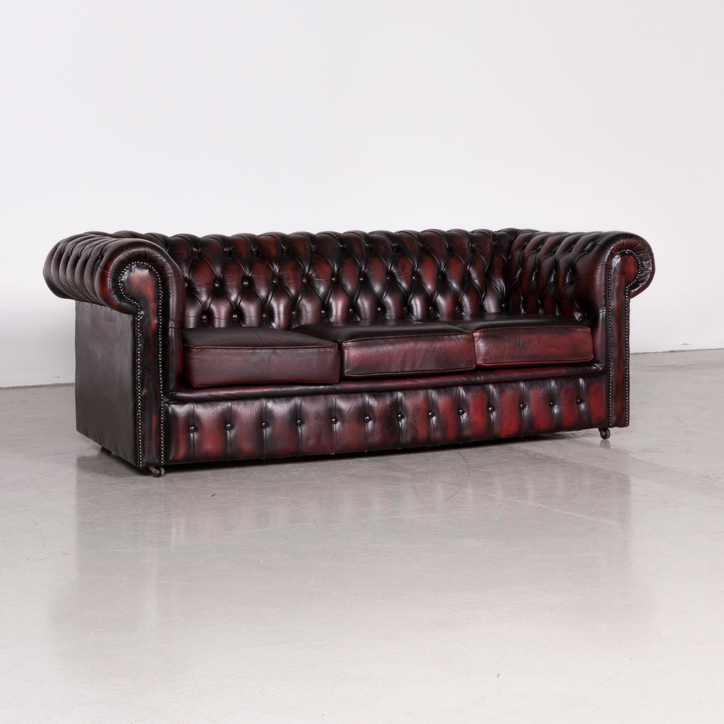 British Chesterfield Leather Sofa Red Vintage Two-Seat Couch