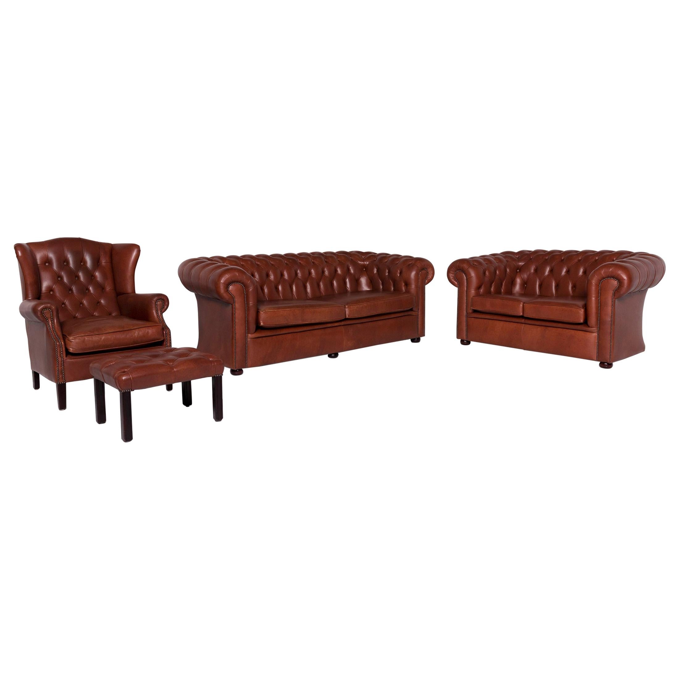 Chesterfield Leather Sofa Set 1 Three-Seat 1 Two-Seat 1 Armchair 1 Stool For Sale