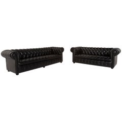 Chesterfield Leather Sofa Set Black Four-Seat Three-Seat