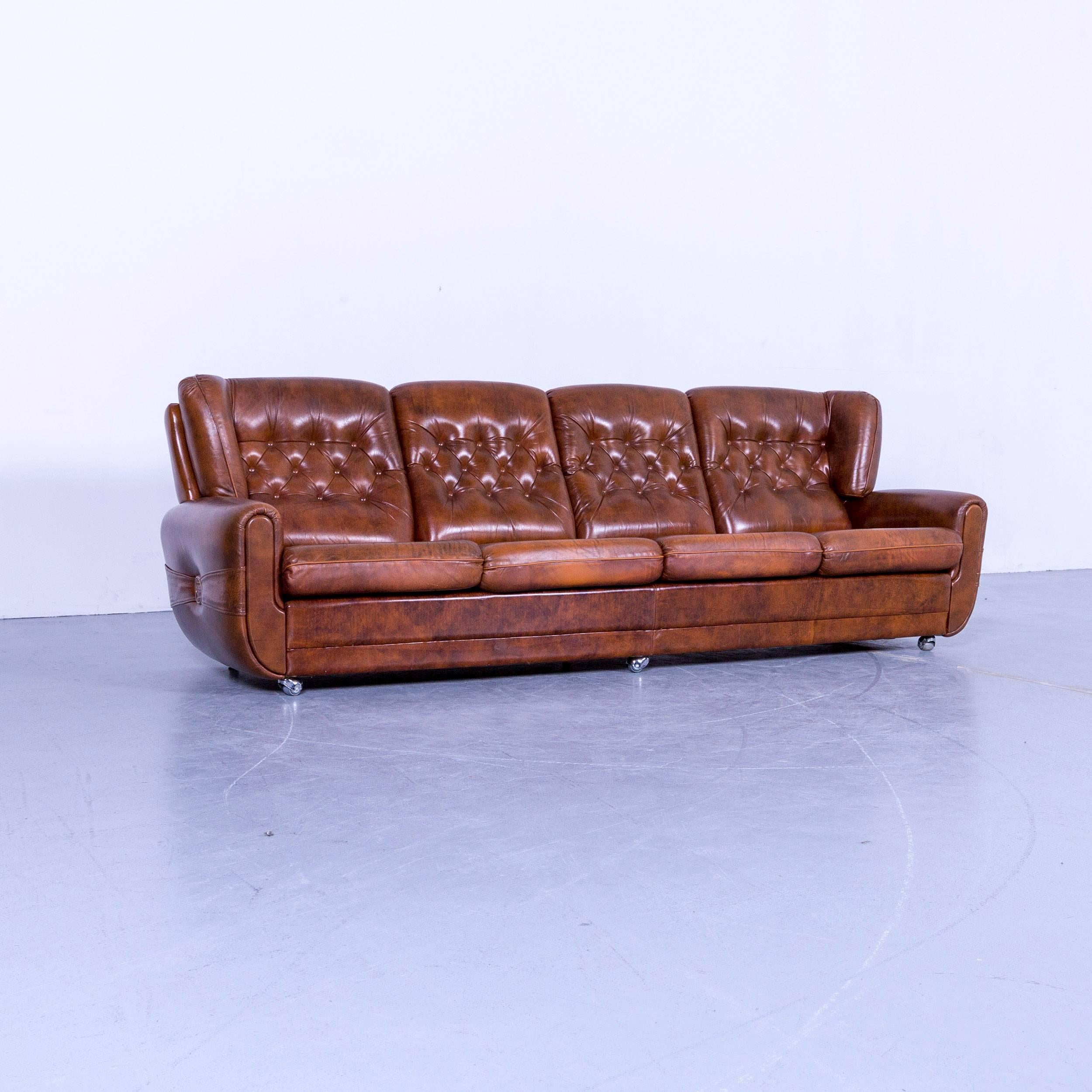 British Chesterfield Leather Sofa Set Brown Four Seater 2x Armchair
