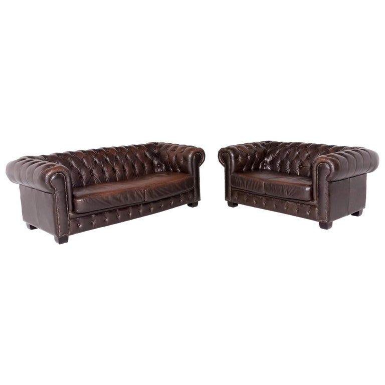 Chesterfield Leather Sofa Set Brown Genuine Two Seat Three