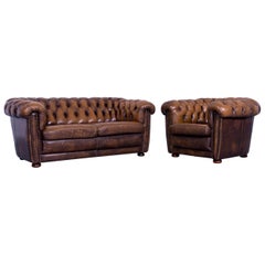 Chesterfield Leather Sofa Set Brown Two-Seater and Clubchair