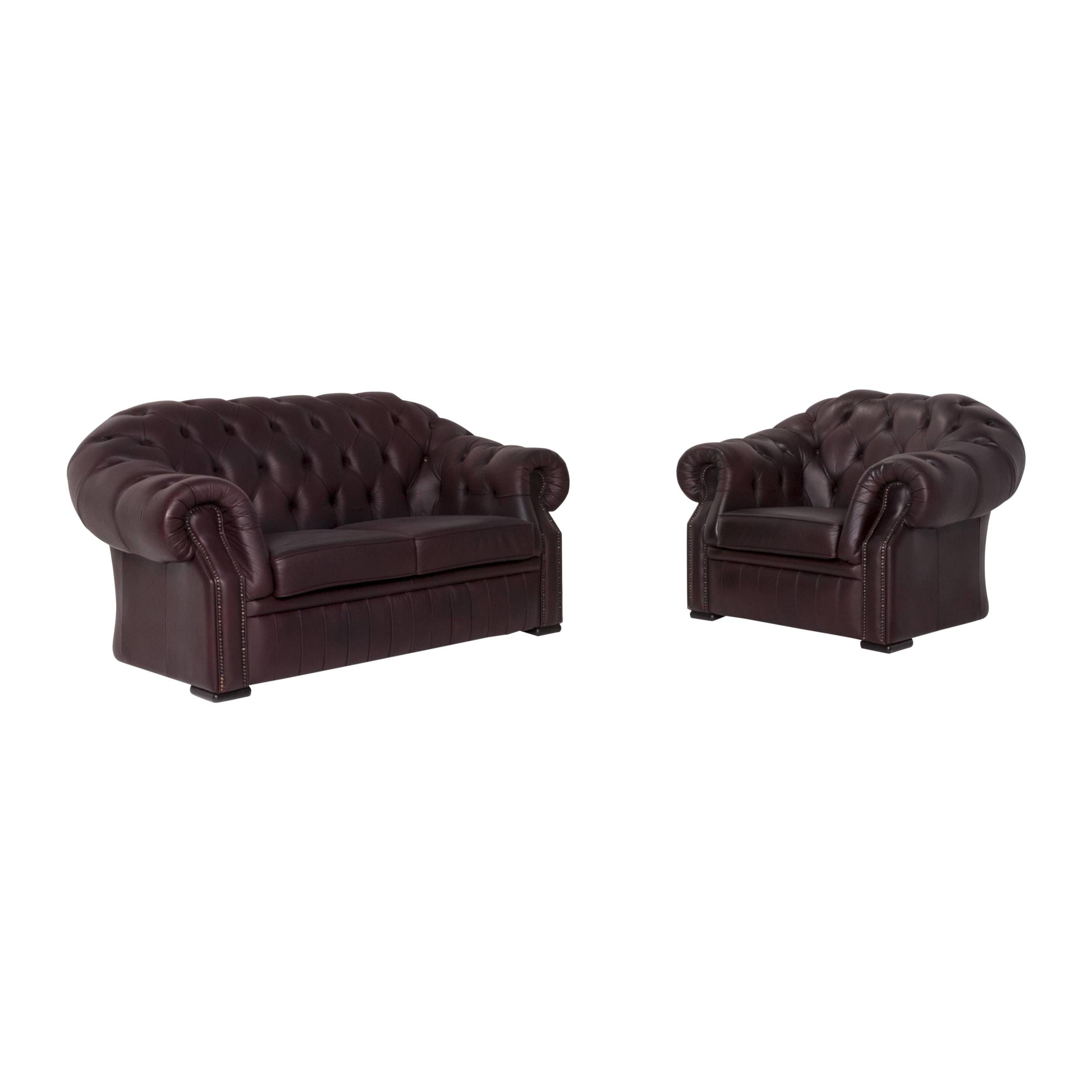 Chesterfield Leather Sofa Set Brown Violet 1 Two-Seat 1 Armchair Retro For Sale