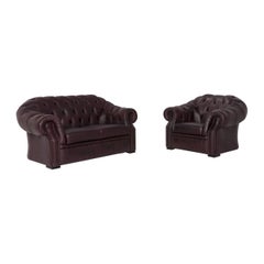 Chesterfield Leather Sofa Set Brown Violet 1 Two-Seat 1 Armchair Retro