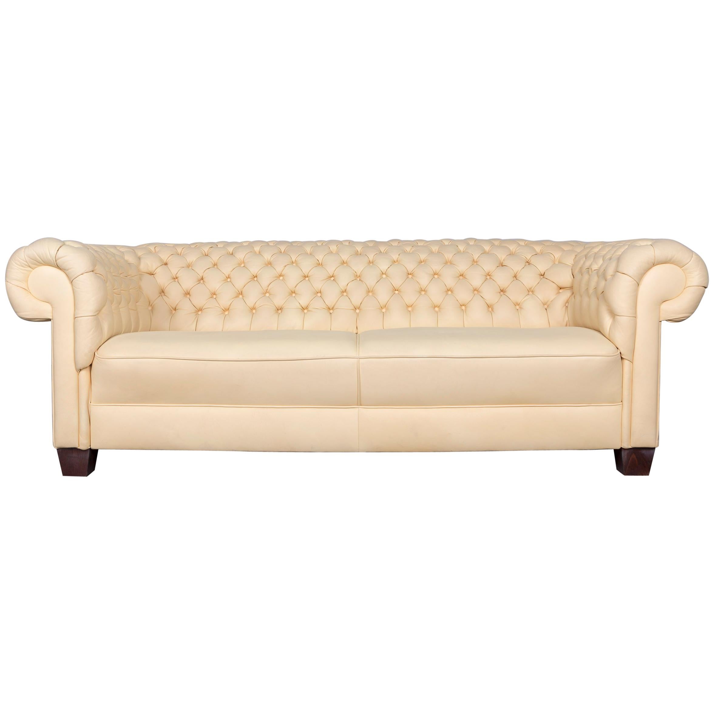 Chesterfield Leather Sofa Set Crème Three-Seat Couch For Sale