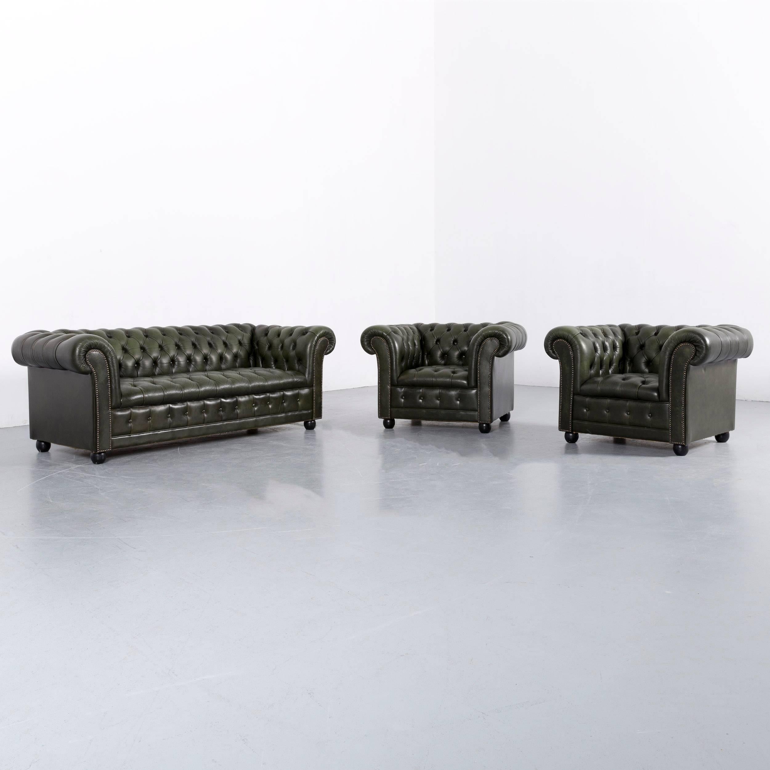 Chesterfield Leather Sofa Set Green Three-Seat Club Chair 8