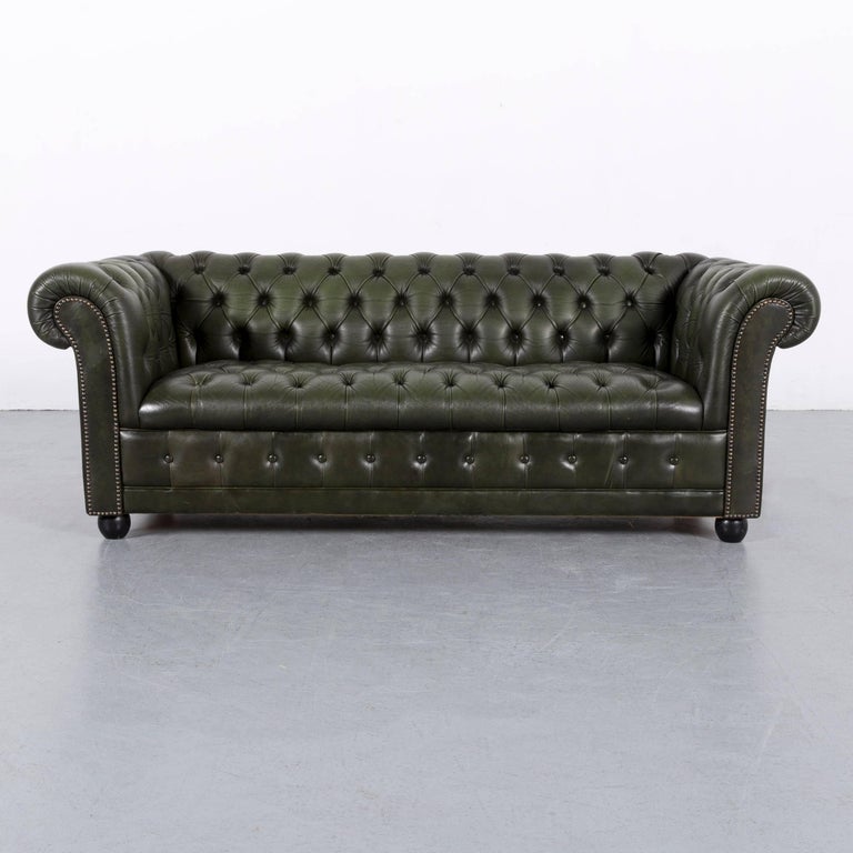 Chesterfield Leather Sofa Set Green Three-Seat Club Chair at 1stDibs