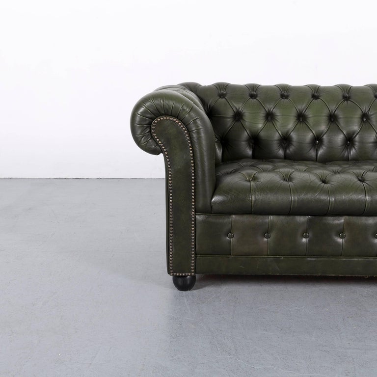 Chesterfield Leather Sofa Set Green Three-Seat Club Chair at 1stDibs
