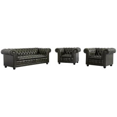 Chesterfield Leather Sofa Set Green Three-Seat Club Chair