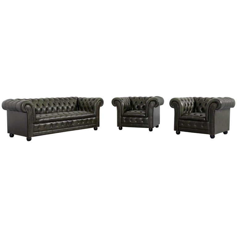 Chesterfield Leather Sofa Set Green Three-Seat Club Chair at 1stDibs