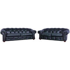 Chesterfield Leather Sofa Set Green Three-Seat Two-Seat