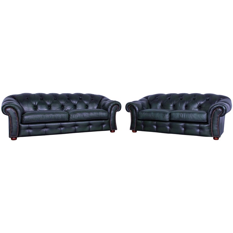 Chesterfield Leather Sofa Set Green Three-Seat Two-Seat at 1stDibs