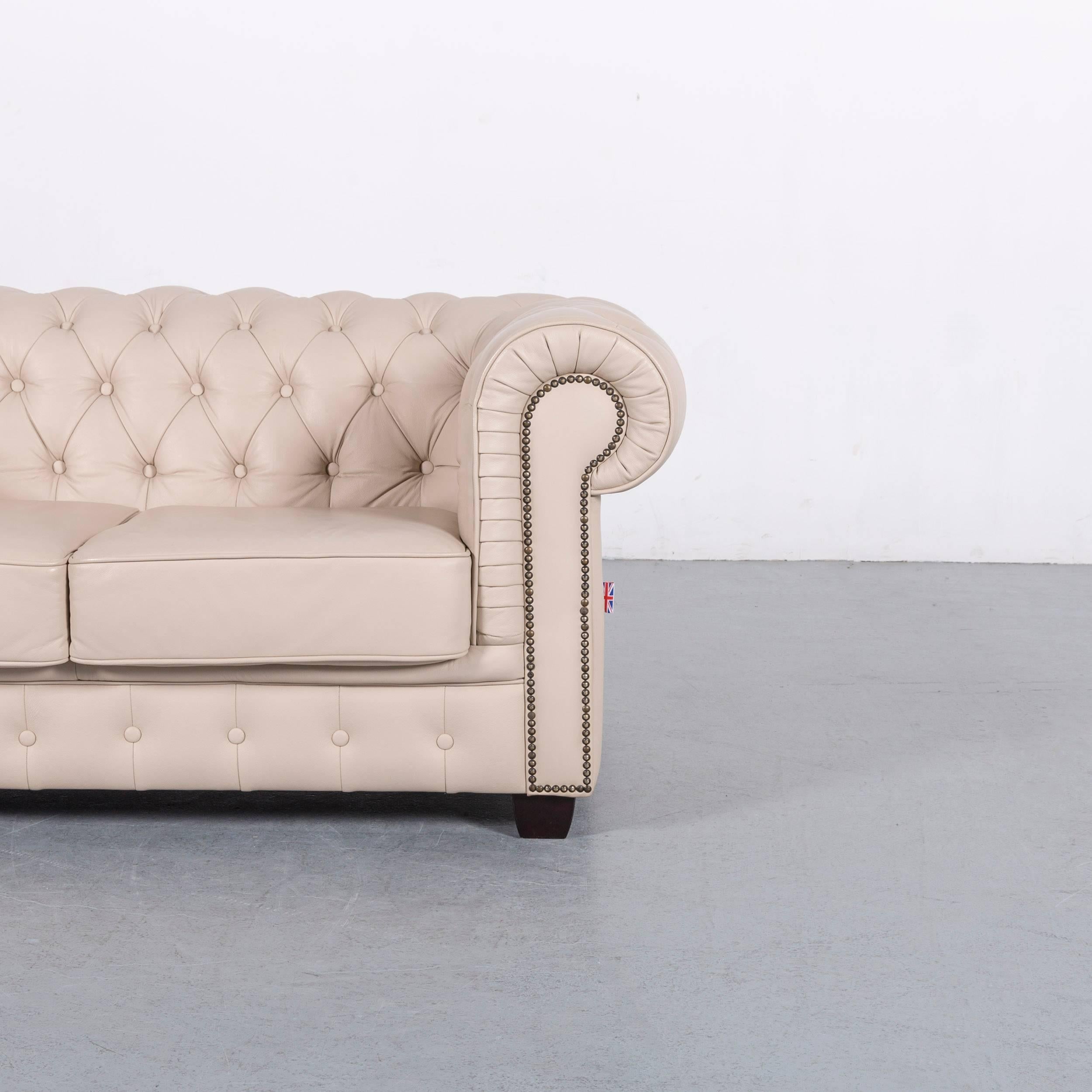 Chesterfield Leather Sofa Set Off-White, Three-Seat, and Two-Seat 12