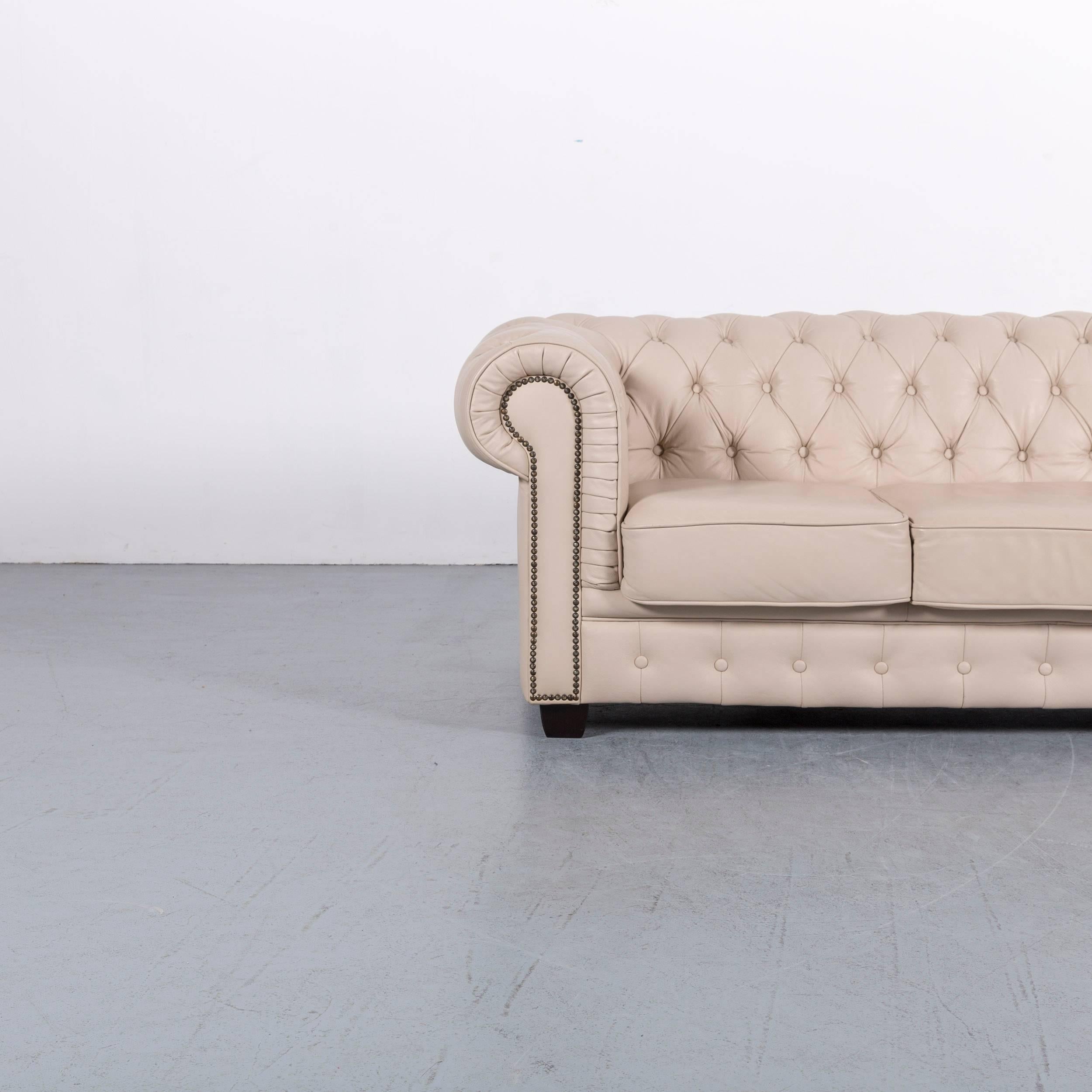 British Chesterfield Leather Sofa Set Off-White, Three-Seat, and Two-Seat