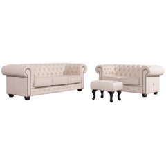 Chesterfield Leather Sofa Set Off-White Three-Seat and Two-Seat