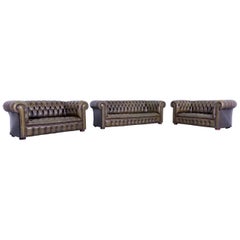 Chesterfield Leather Sofa Set Olive Green Couch Vintage Three and Two-Seat