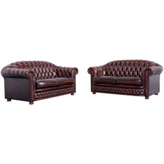 Chesterfield Leather Sofa Set Orange Brown of Two Two-Seat