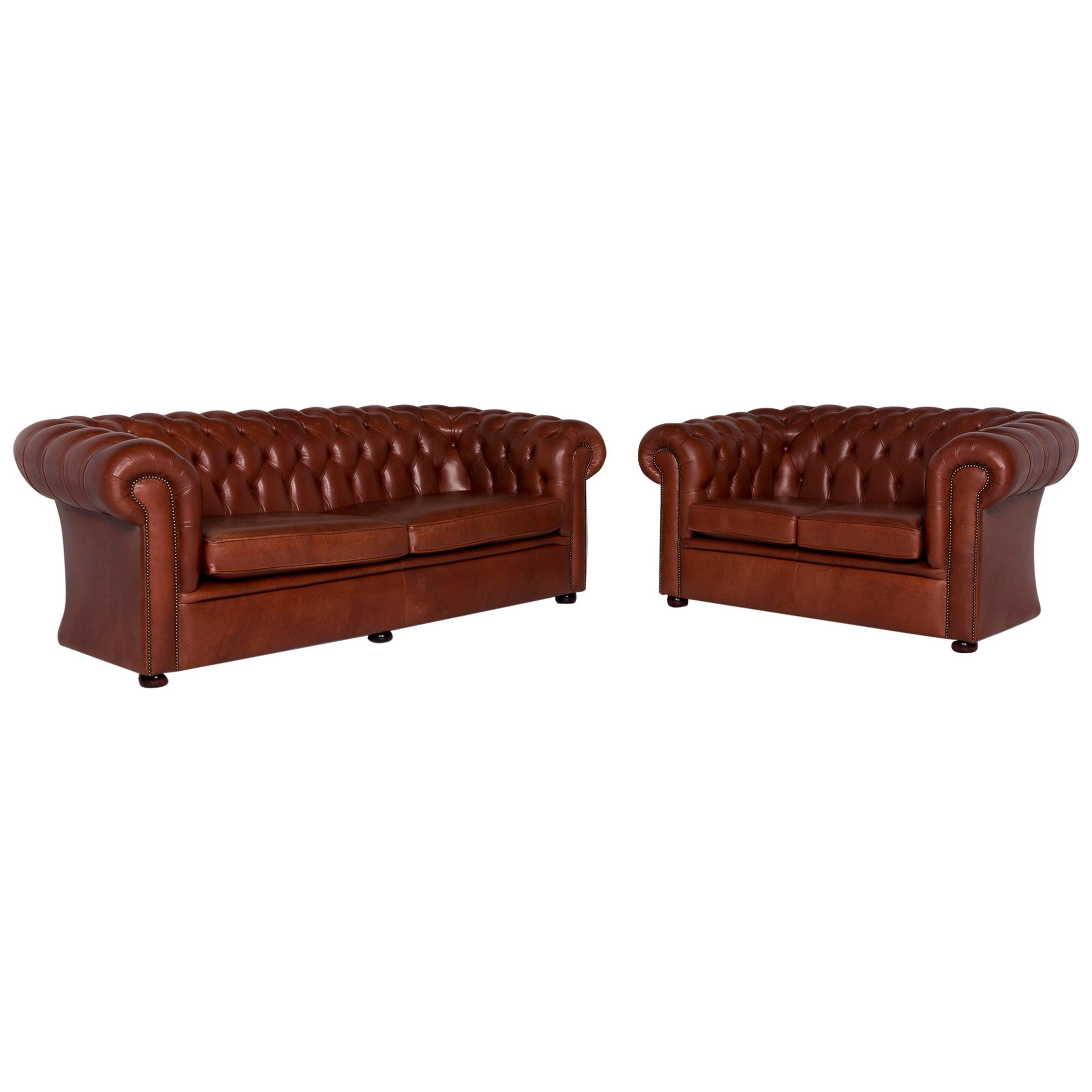 Chesterfield Leather Sofa Set Red Brown 1 Three-Seat 1 Two-Seat For Sale