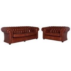 Chesterfield Leather Sofa Set Red Brown 1 Three-Seat 1 Two-Seat