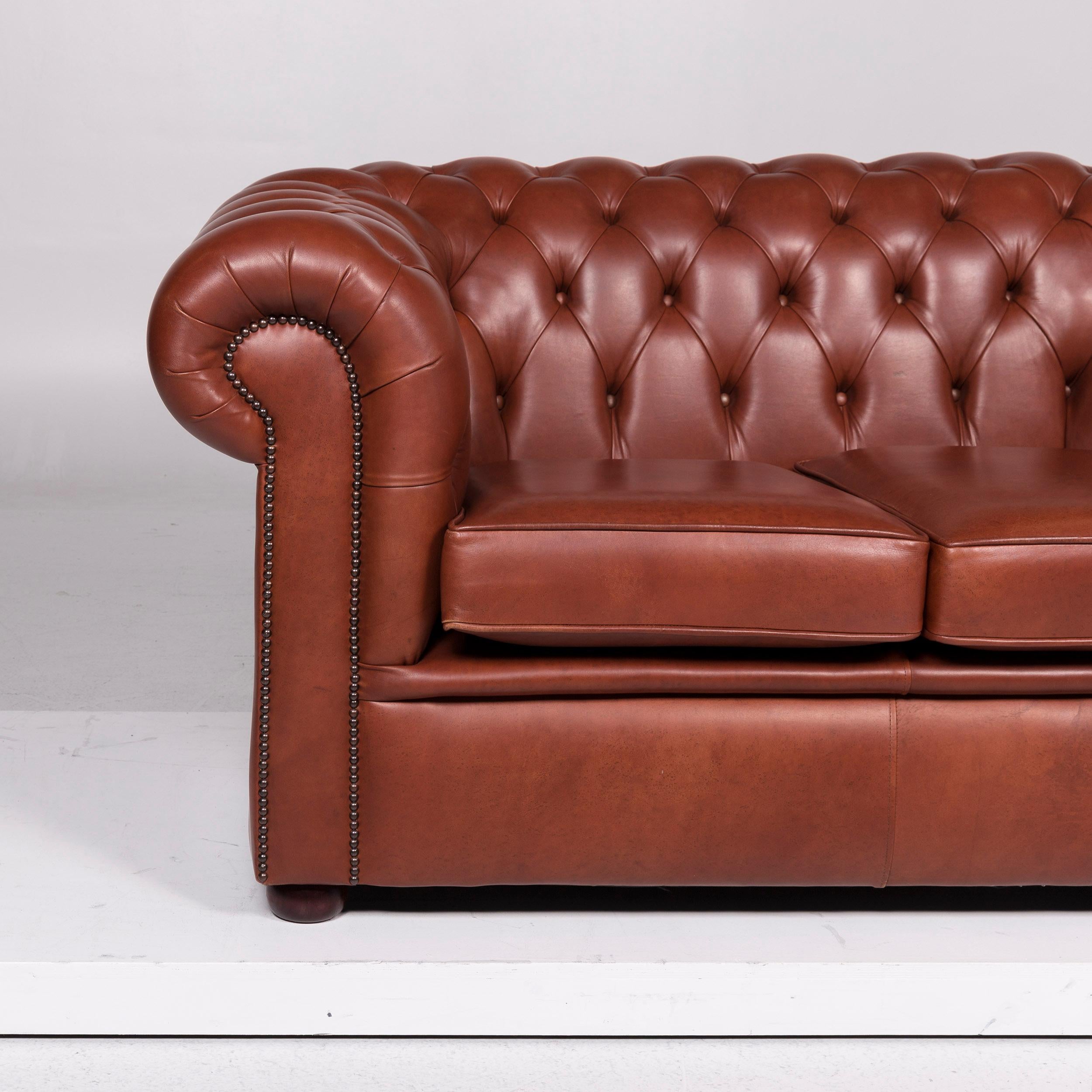 Chesterfield Leather Sofa Set Red Brown 1 Three-Seat 1 Two-Seat For Sale 6