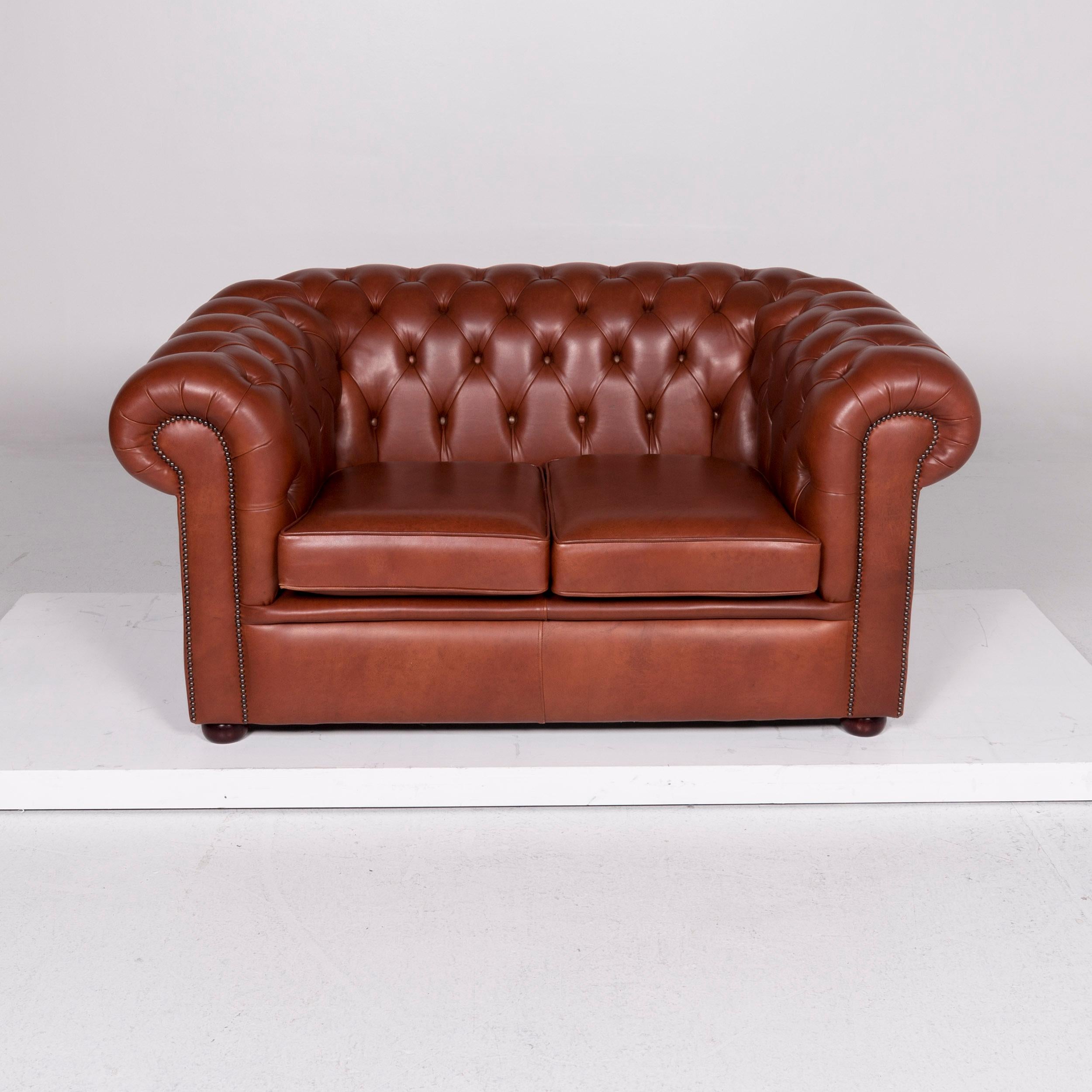 Chesterfield Leather Sofa Set Red Brown 1 Three-Seat 1 Two-Seat For Sale 7