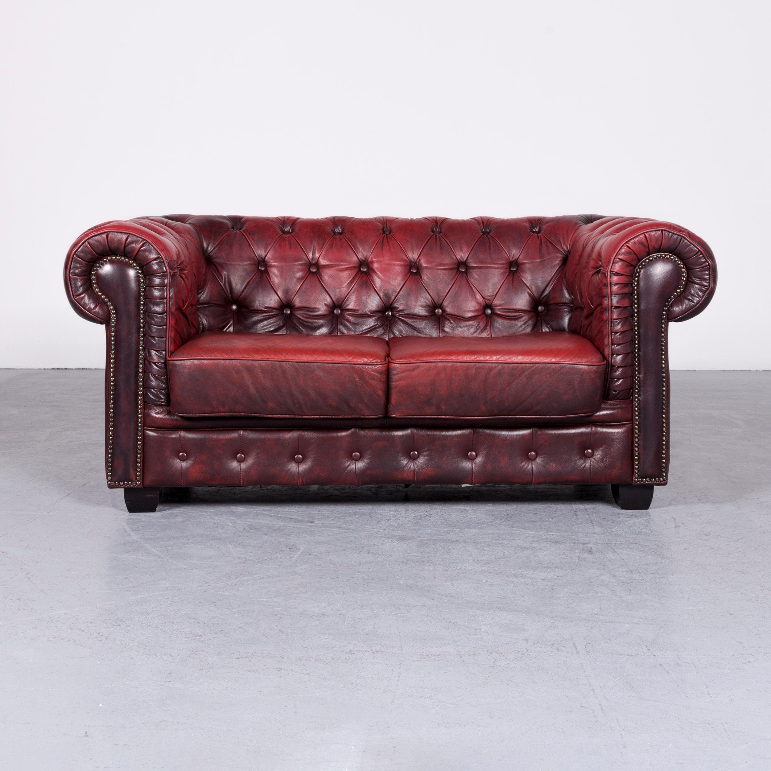 Chesterfield Leather Sofa Set Red Two-Seat Three-Seat Vintage Couch 7