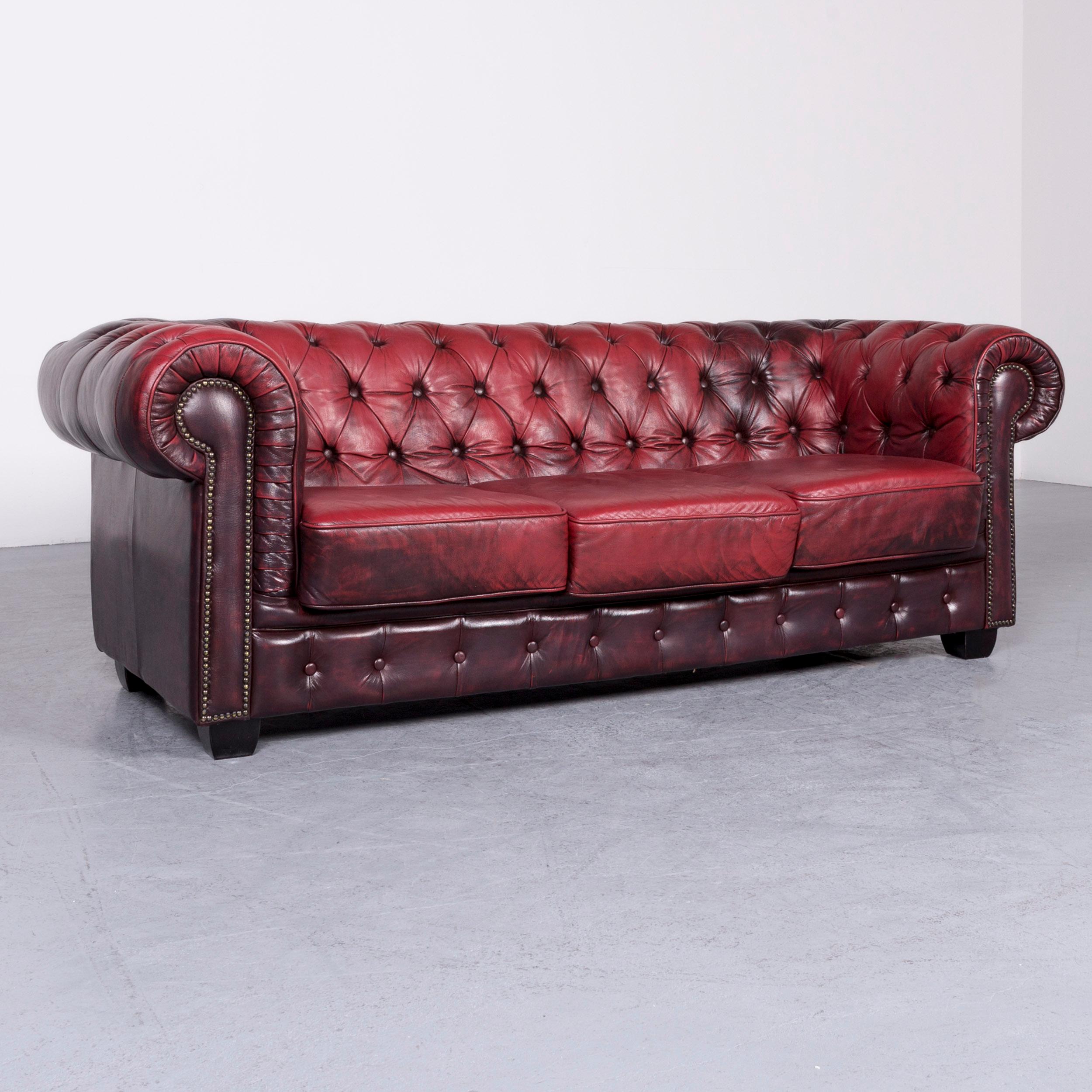 Chesterfield Leather Sofa Set Red Two-Seat Three-Seat Vintage Couch In Good Condition In Cologne, DE