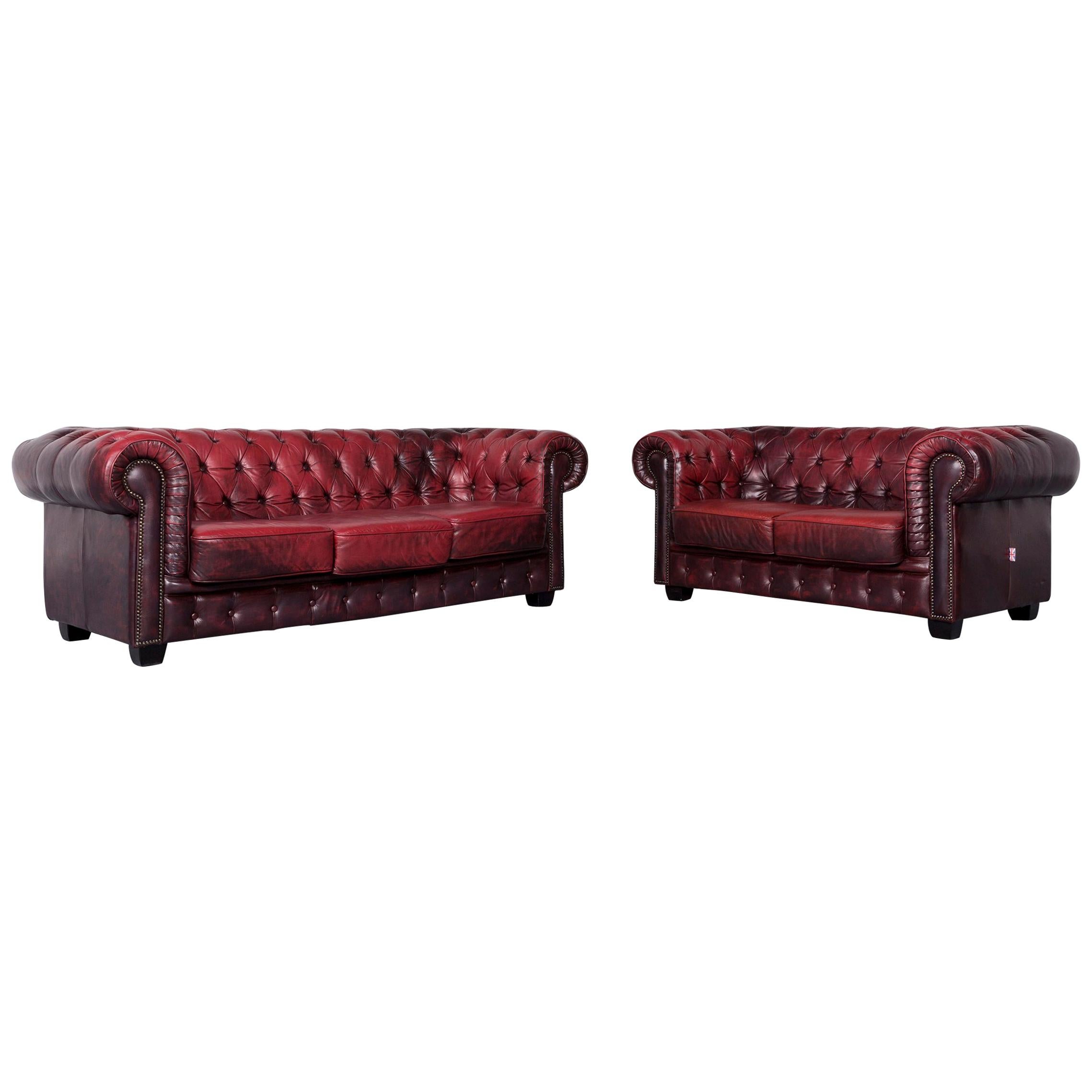 Chesterfield Leather Sofa Set Red Two-Seat Three-Seat Vintage Couch