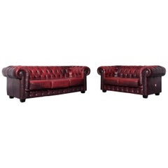 Chesterfield Leather Sofa Set Red Two-Seat Three-Seat Vintage Couch