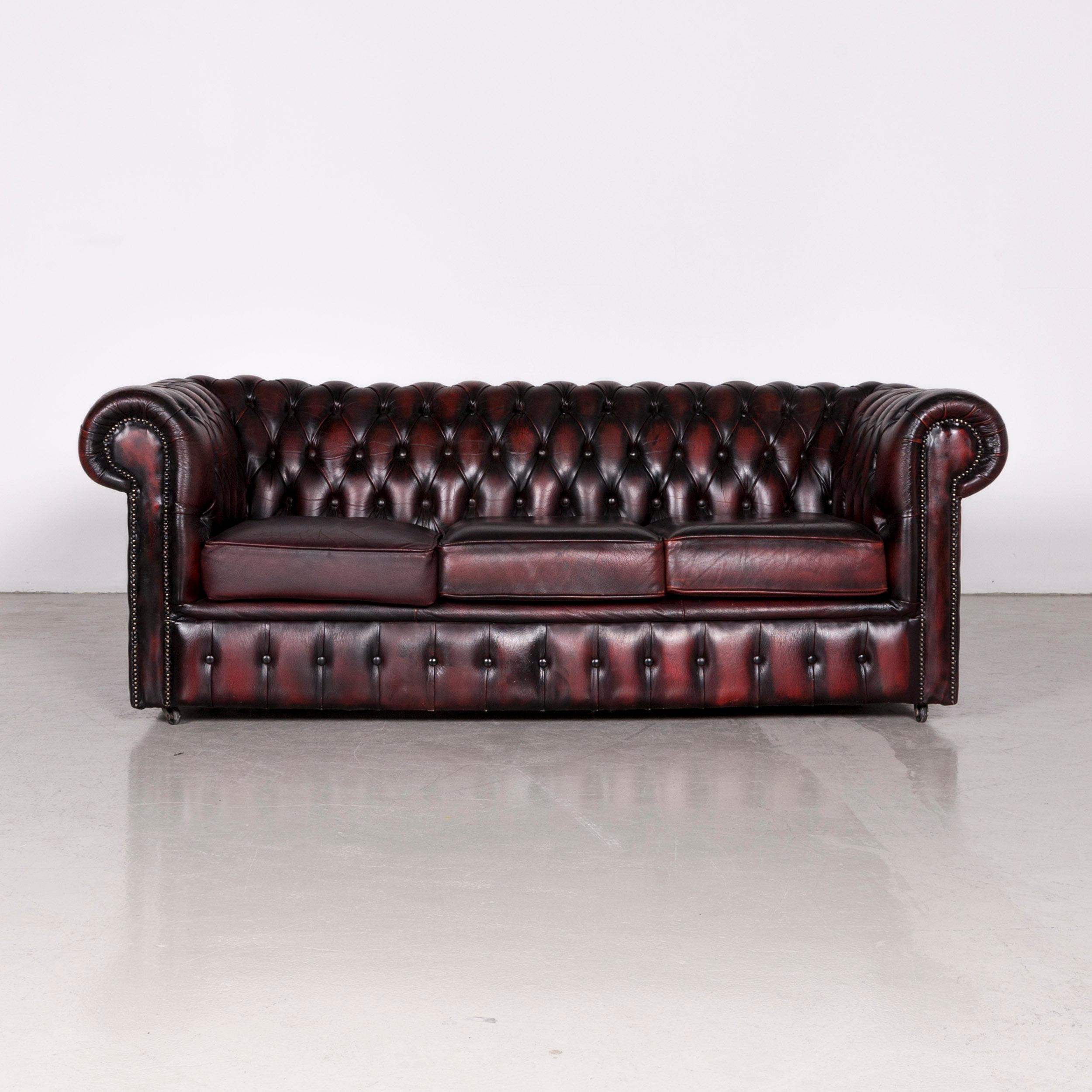 Chesterfield leather sofa set red vintage two-seat couch.