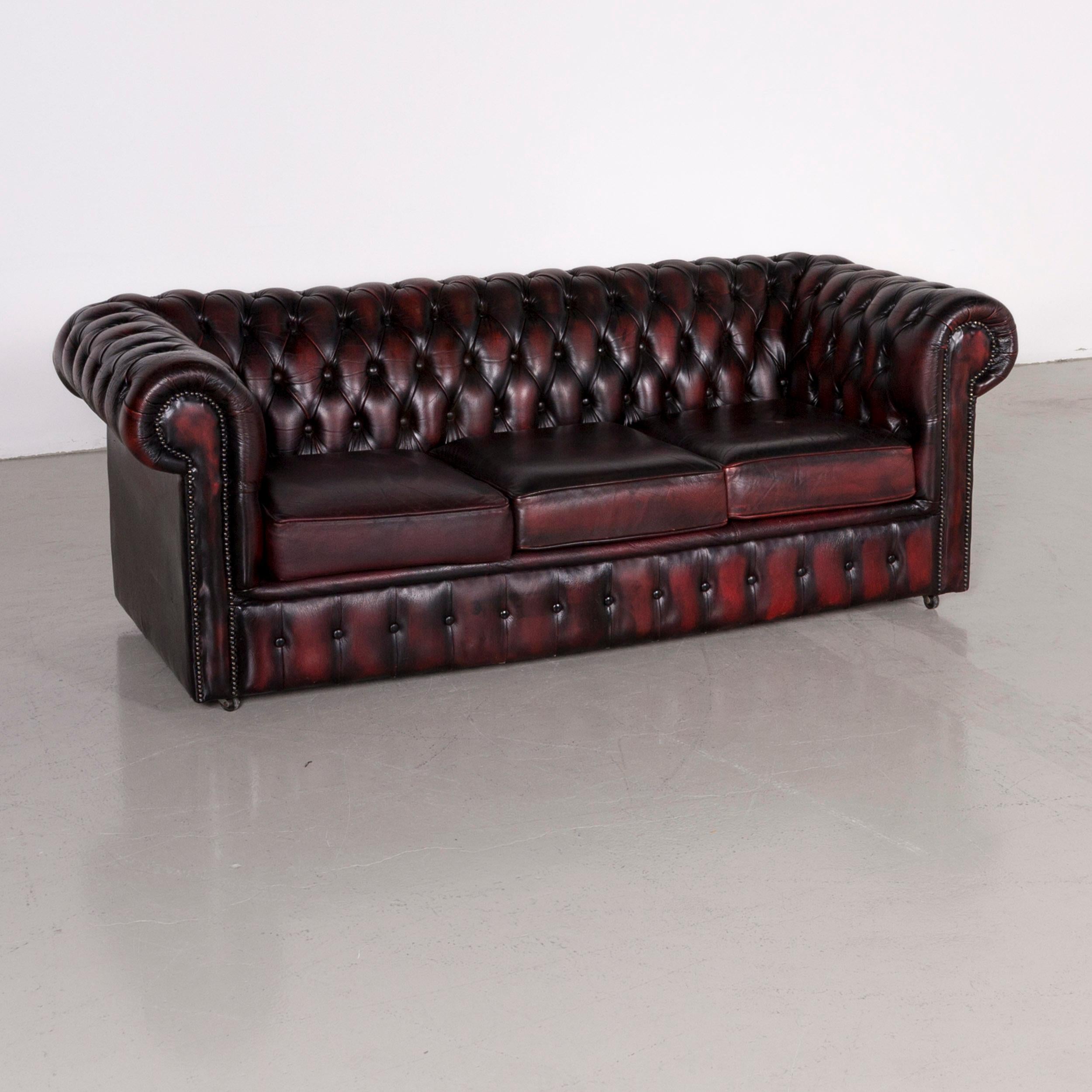 British Chesterfield Leather Sofa Set Red Vintage Two-Seat Couch