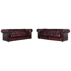 Chesterfield Leather Sofa Set Red Vintage Two-Seat Couch