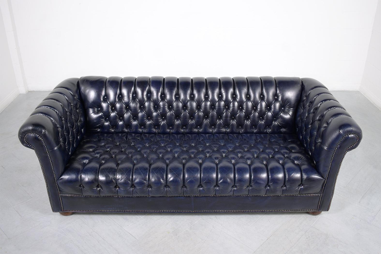 European Chesterfield Blue Leather Sofa