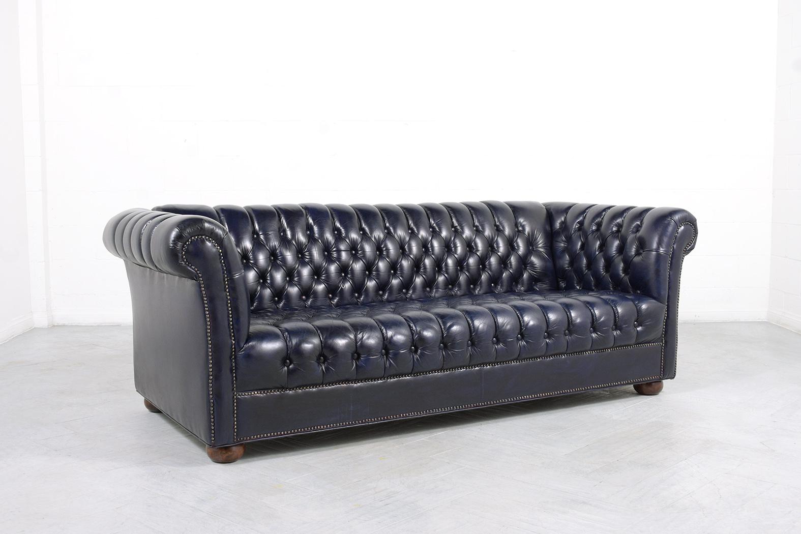 Carved Chesterfield Blue Leather Sofa