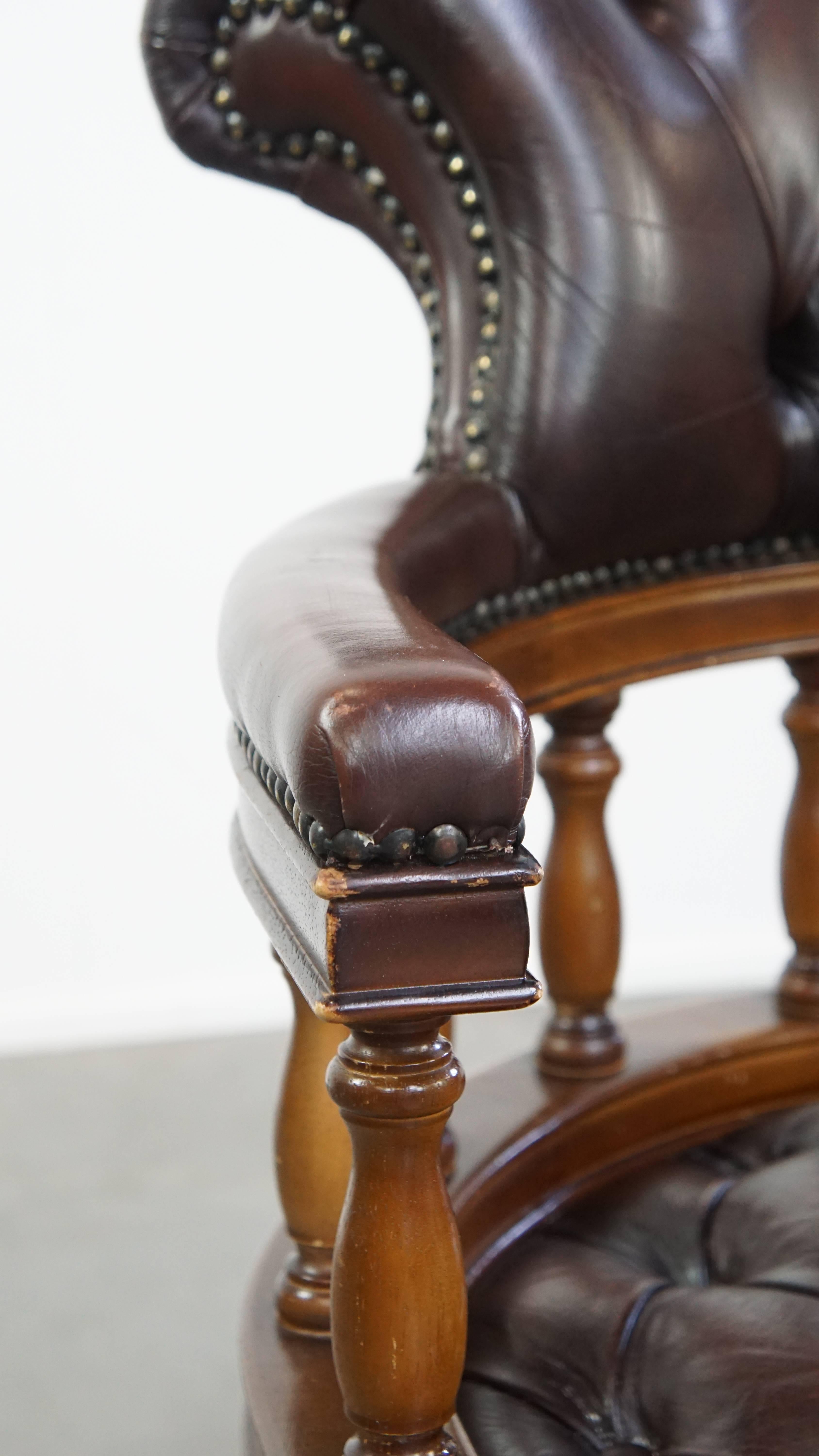 Chesterfield Office Chair on Wheels in Dark Brown Cowhide Leather For Sale 5