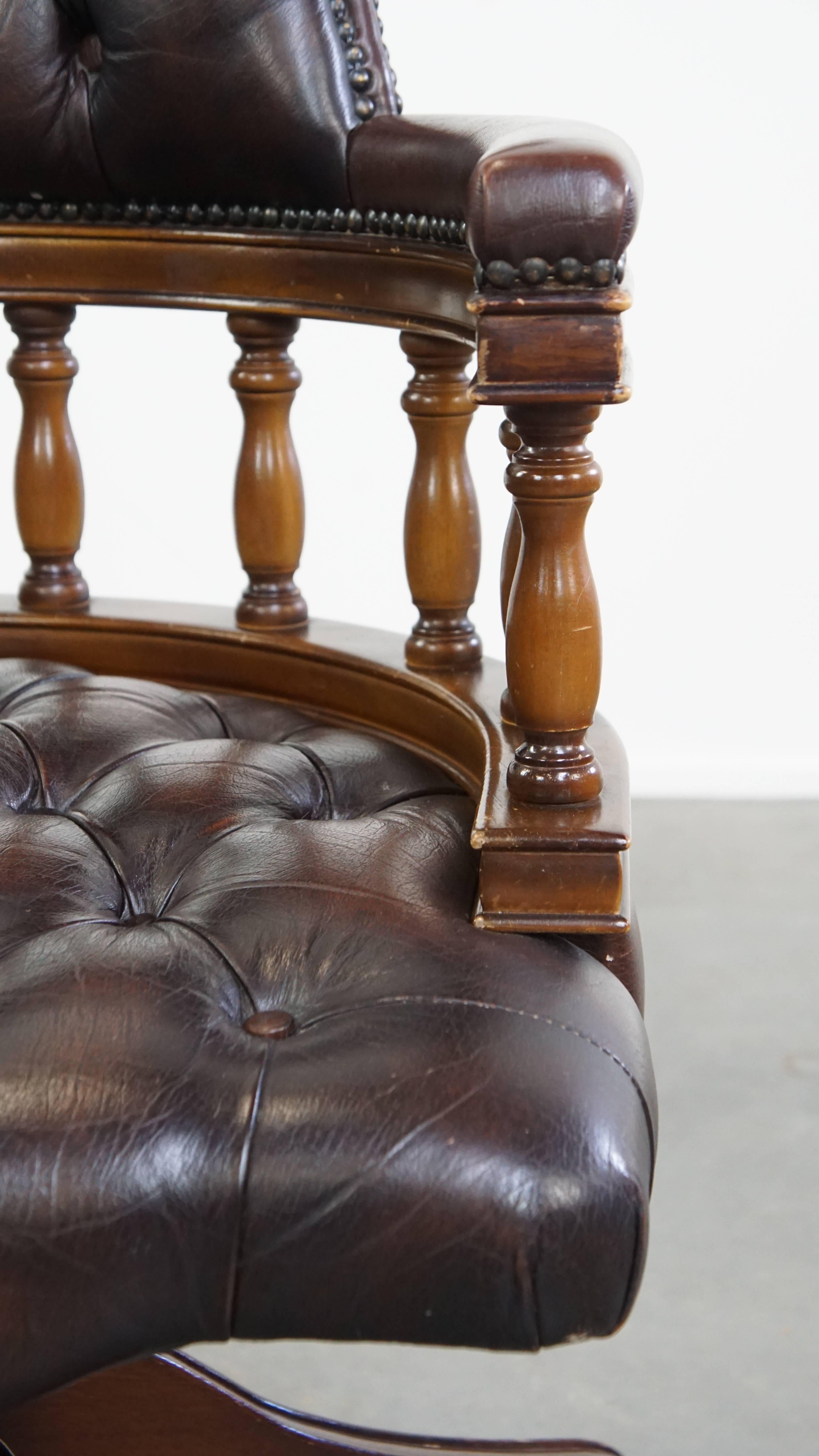 Chesterfield Office Chair on Wheels in Dark Brown Cowhide Leather For Sale 6