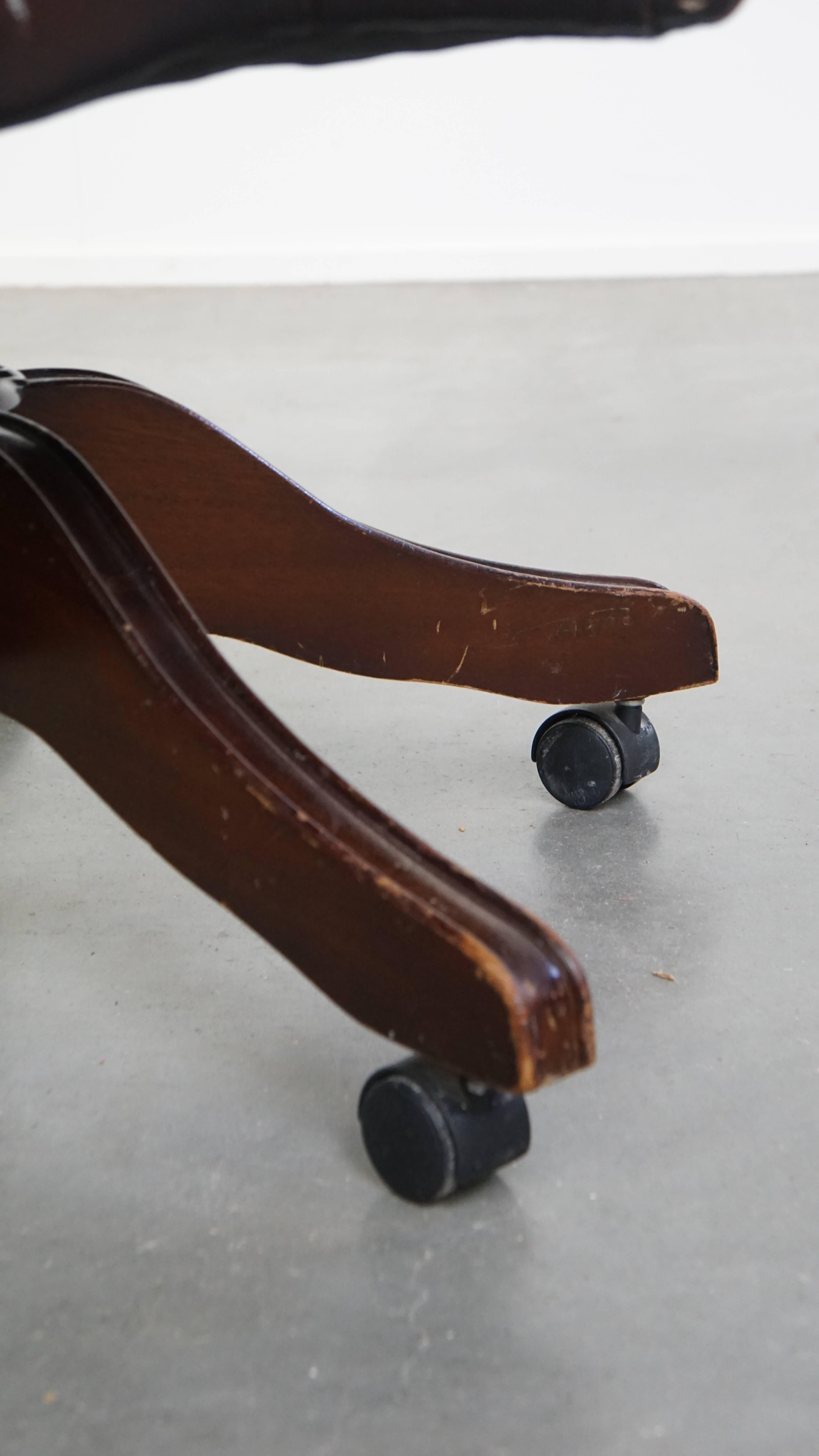 Chesterfield Office Chair on Wheels in Dark Brown Cowhide Leather For Sale 7