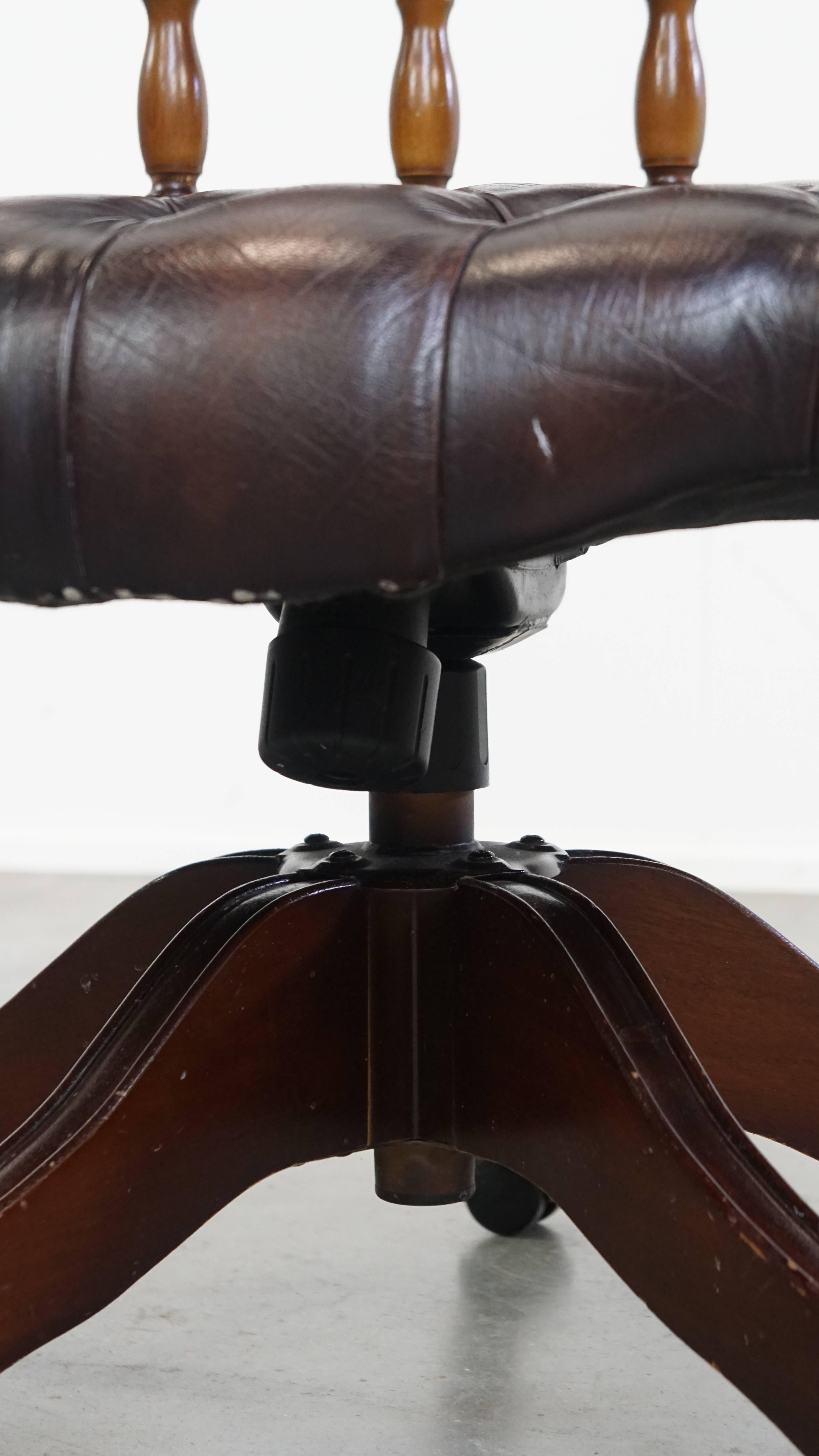 Chesterfield Office Chair on Wheels in Dark Brown Cowhide Leather For Sale 8