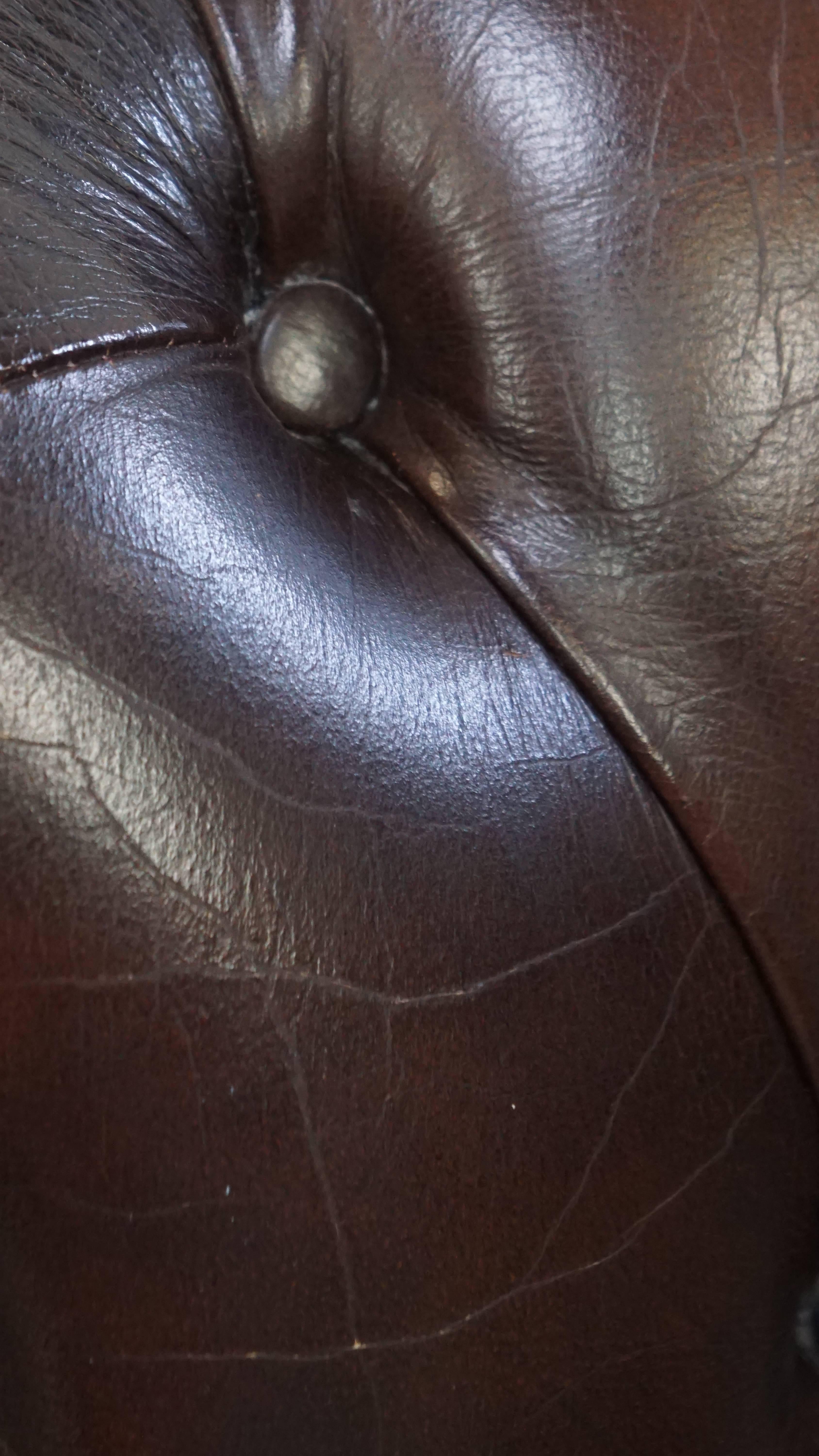 Chesterfield Office Chair on Wheels in Dark Brown Cowhide Leather For Sale 10