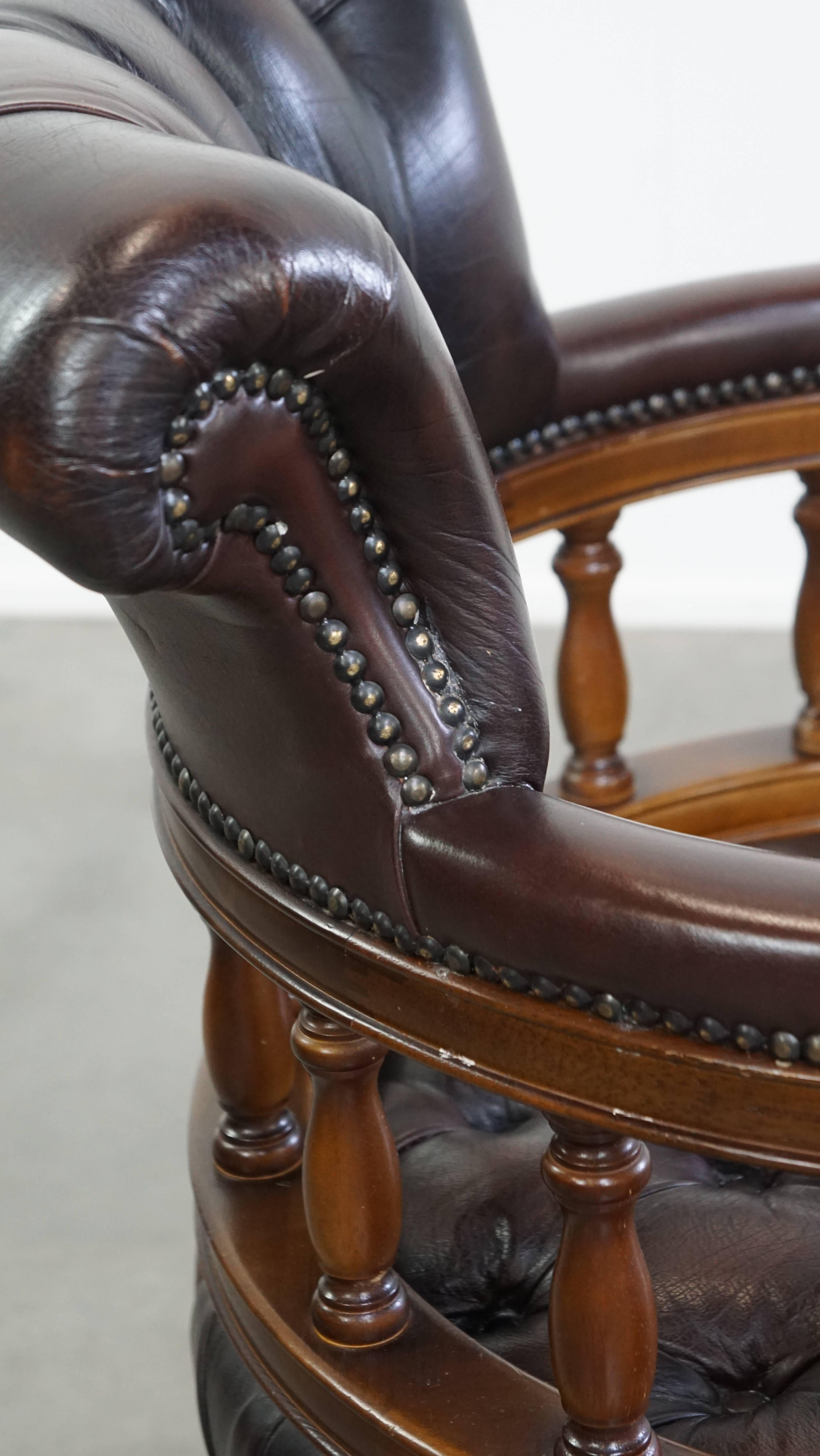 Chesterfield Office Chair on Wheels in Dark Brown Cowhide Leather For Sale 11