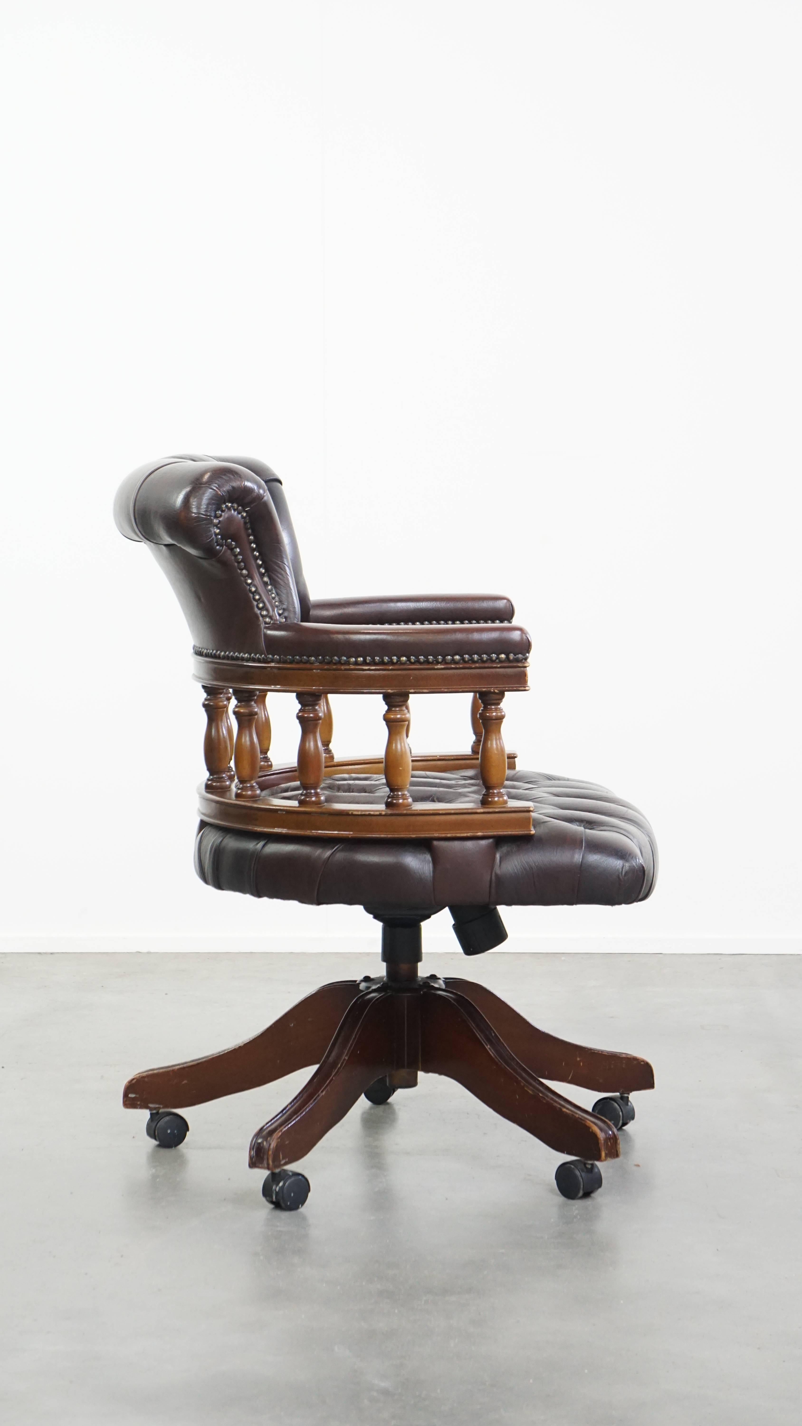Hand-Crafted Chesterfield Office Chair on Wheels in Dark Brown Cowhide Leather For Sale
