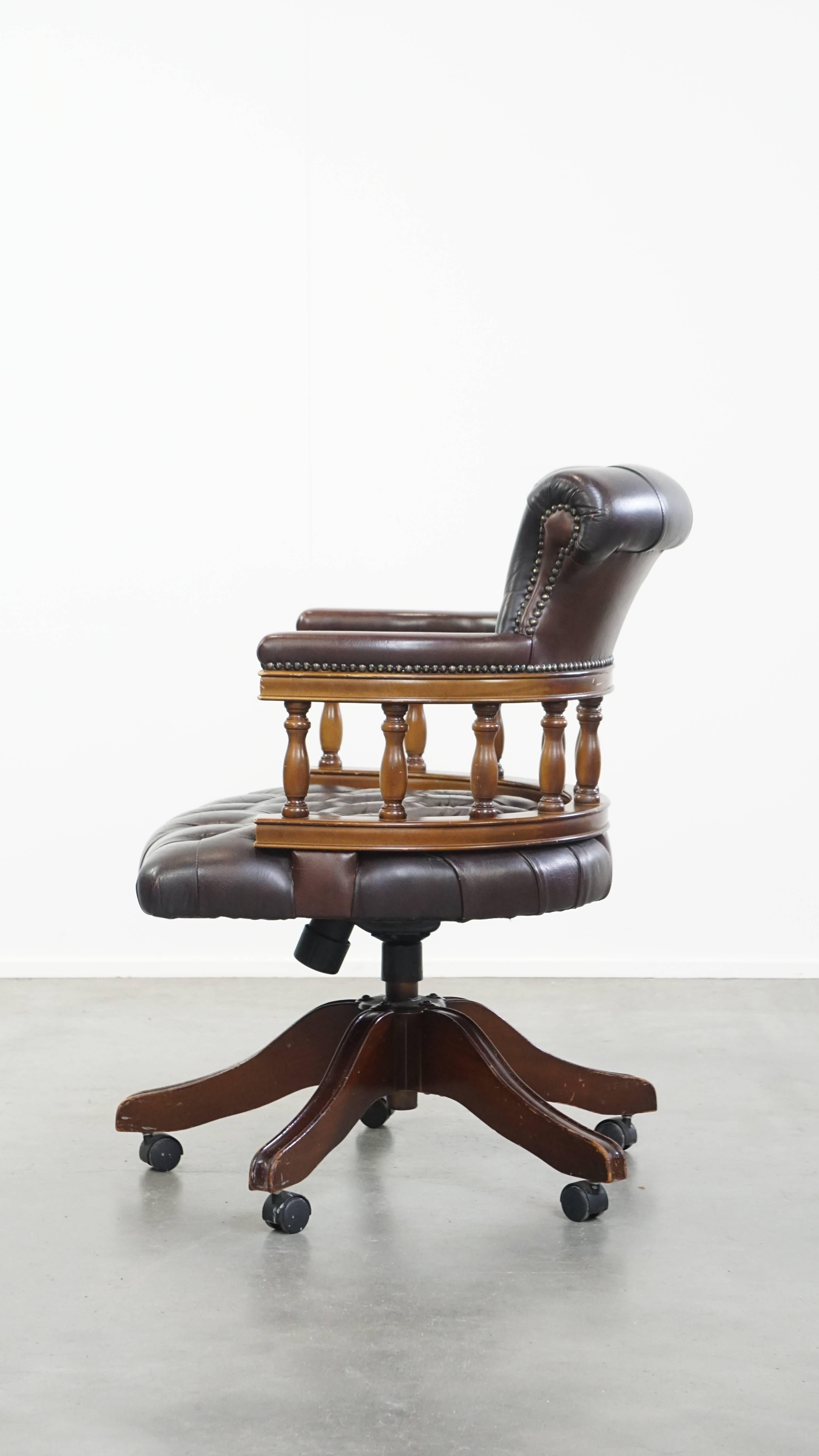 20th Century Chesterfield Office Chair on Wheels in Dark Brown Cowhide Leather For Sale
