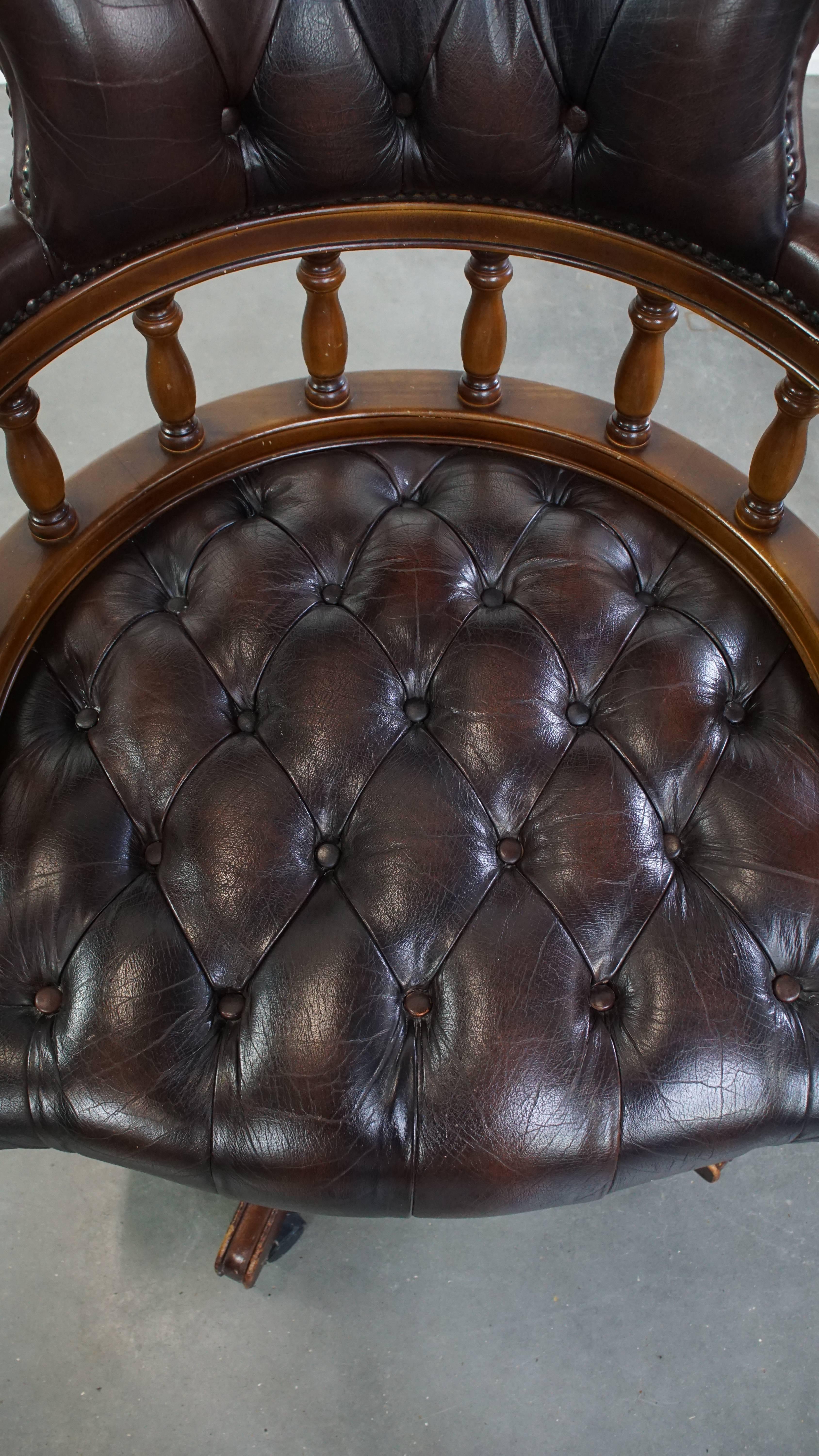 Chesterfield Office Chair on Wheels in Dark Brown Cowhide Leather For Sale 1